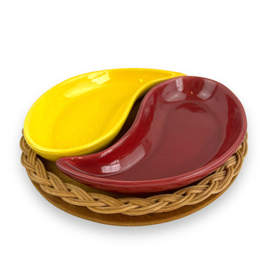 Yellow & Maroon ceramic snack tray on cane carrier