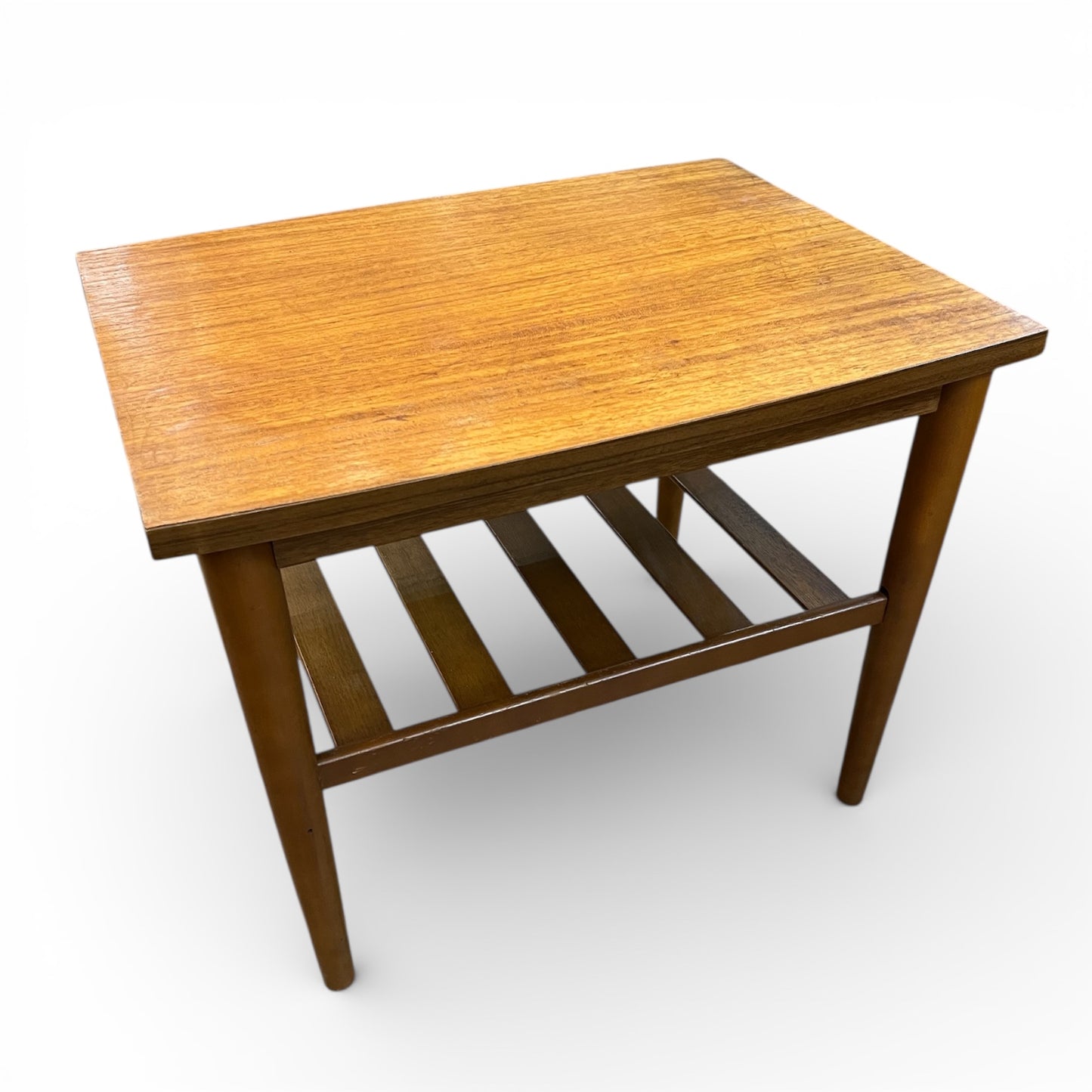 Mid century Teak side table with slated magazine shelf