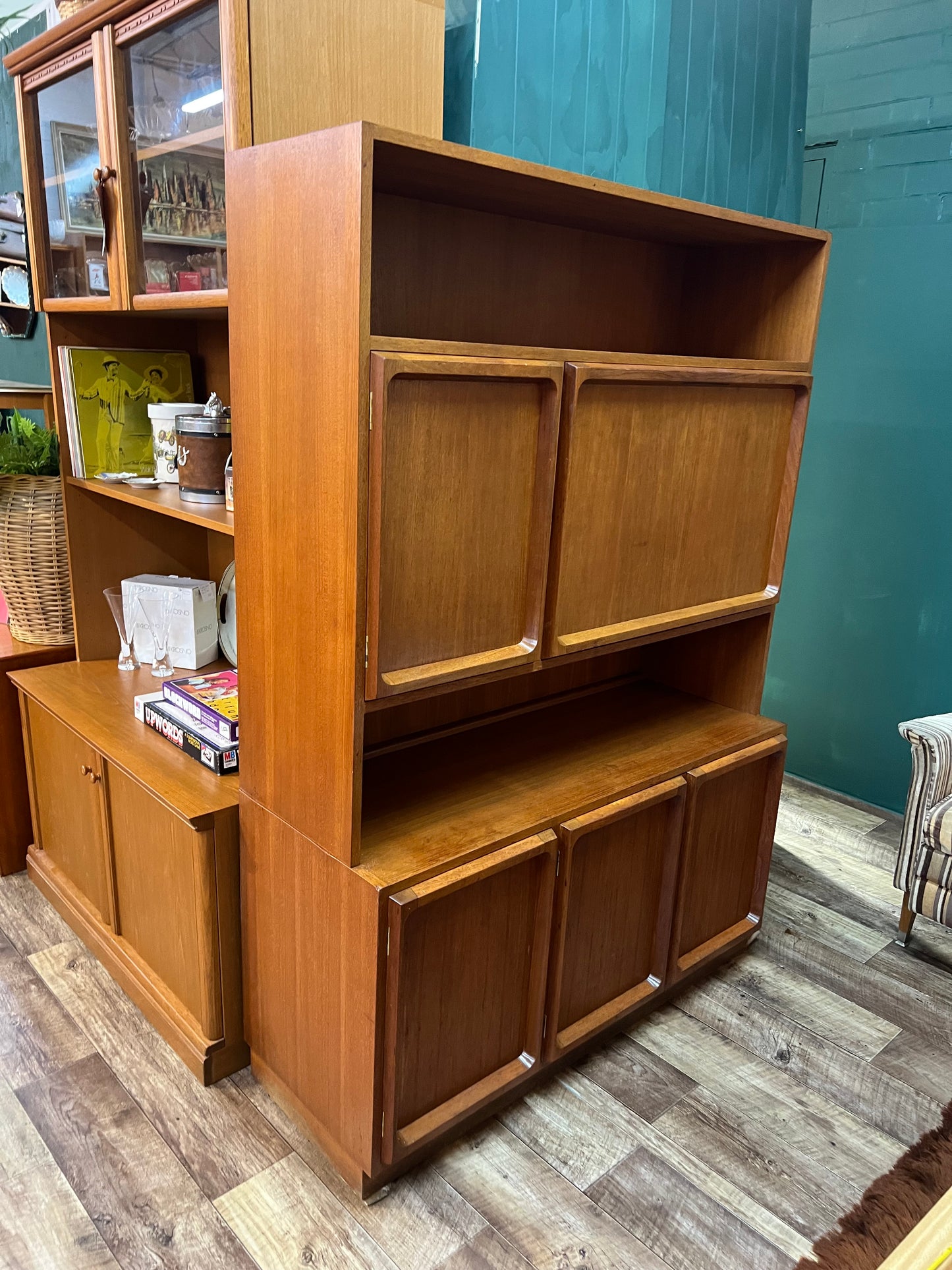Macrob Mid Century Teak Pull-Down Bar Cabinet Display Unit