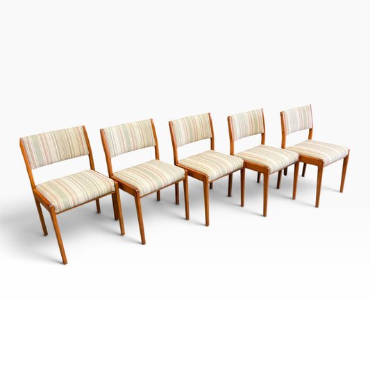 Mid-Century Timber Dining Chairs with Pastel Striped Upholstery – Set of 5