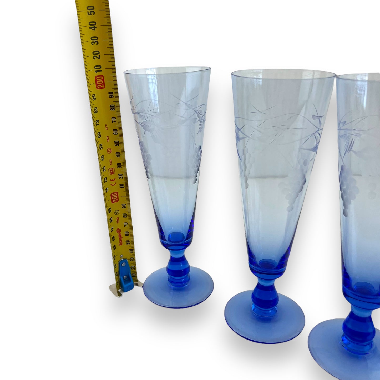 Blue grape etched cocktail flute glass set of 6