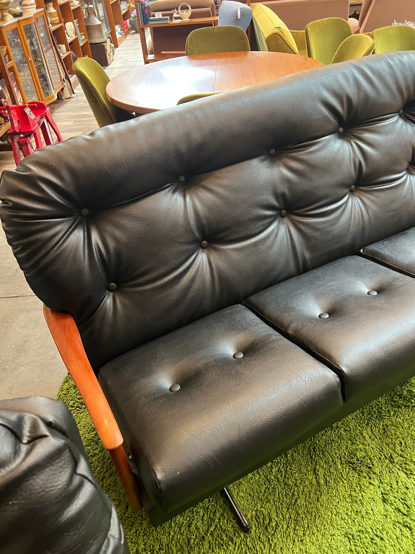 Black Vinyl 3-Seater Lounge with Timber Arms
