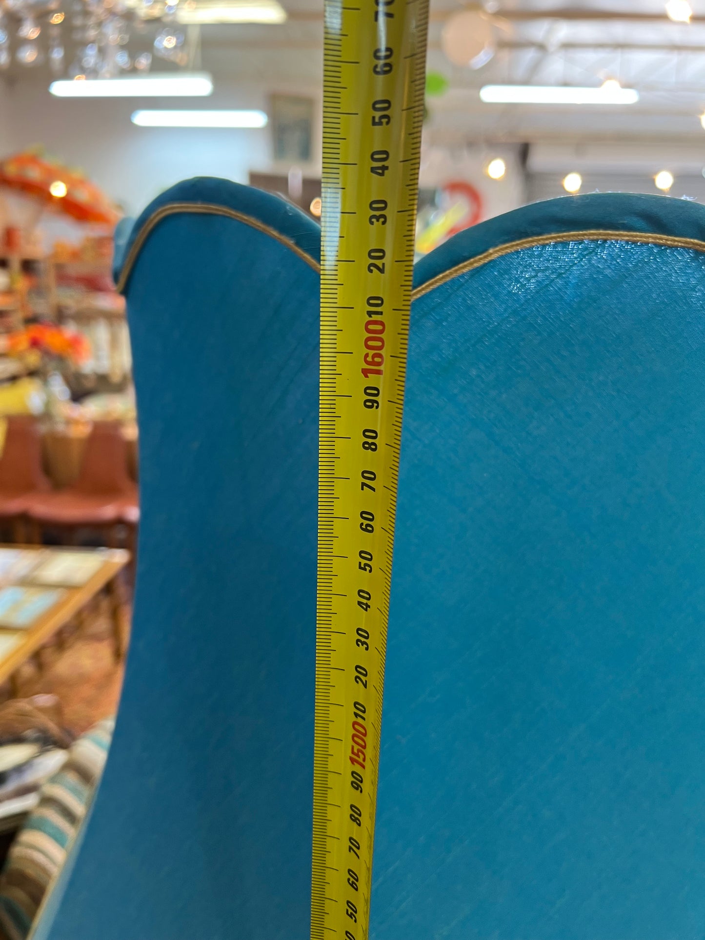 Timber Floor Lamp with Blue Scalloped Shade
