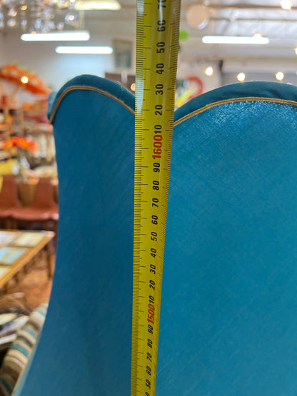Timber Floor Lamp with Blue Scalloped Shade