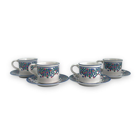 Blue, pink and green square pattern cup and saucer set