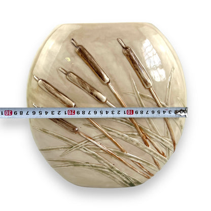Large round beige vase with Cattail Grass Design artwork