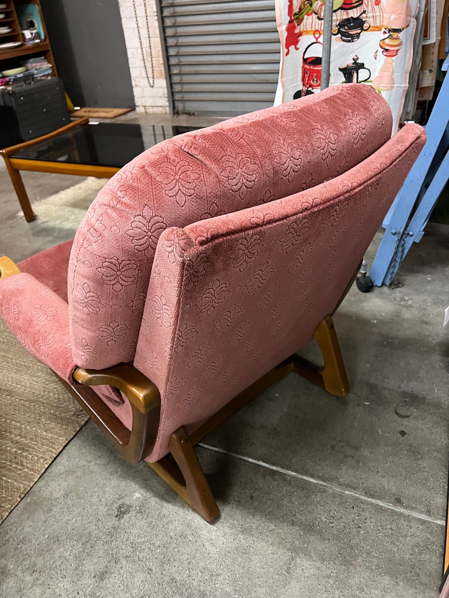 1. Pink Patterned Upholstery Sleigh Base Armchair