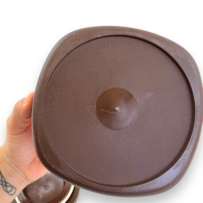 Orange and Brown Plastic Storage Canisters with suction wood look lids