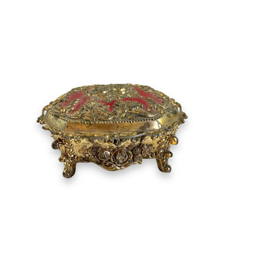 Ornate Jewelry Box – Made in Japan – Gold Tone Metal with Red Velvet Lining