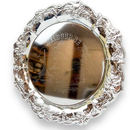 Chrome silver metal Melbourne novelty drink tray with ornate border - Made in Hong Kong