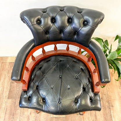 Black Leather & Wood Chesterfield Style Captains Office Chair
