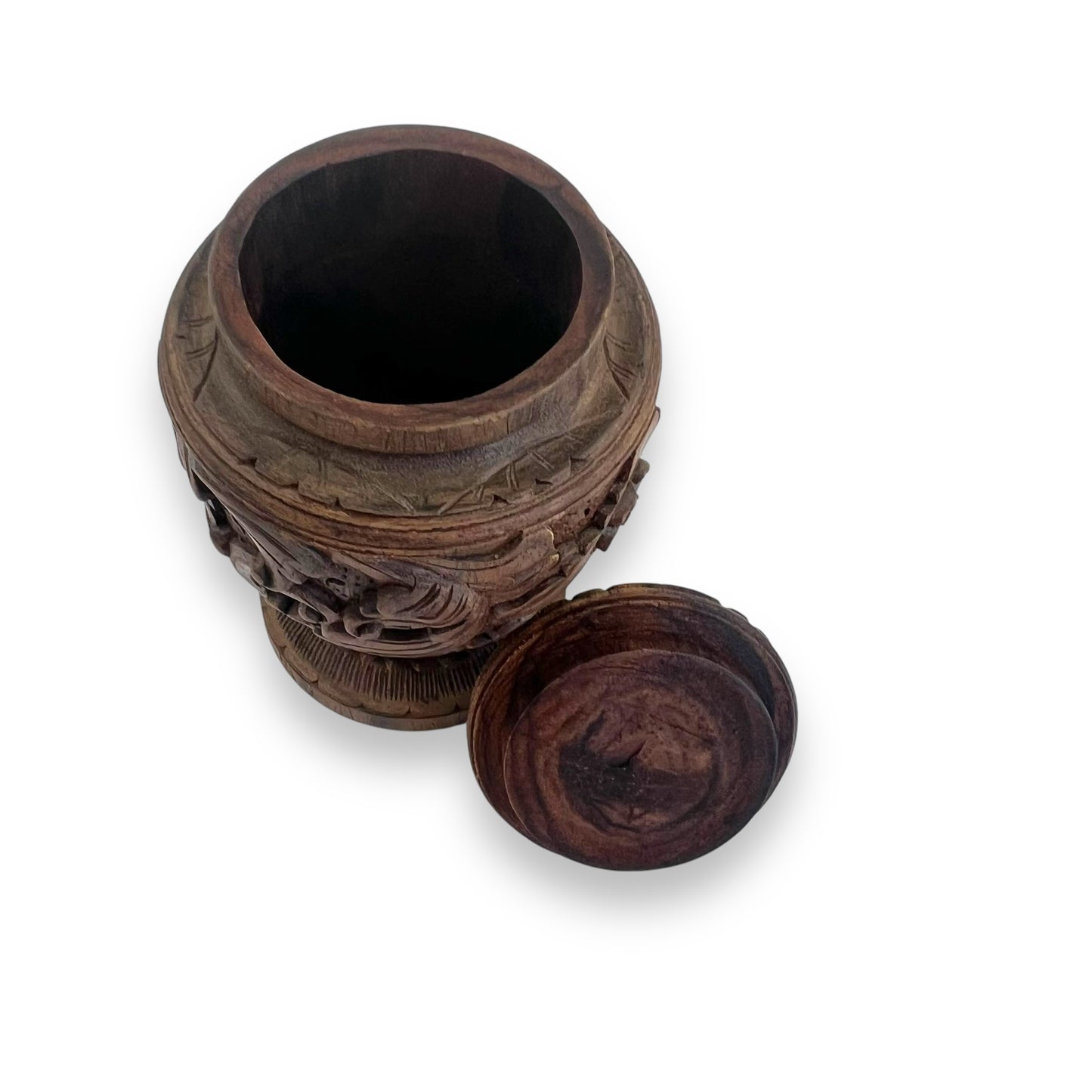 Hand-Carved Wooden Decorative Jar with Lid – Intricately Floral Design