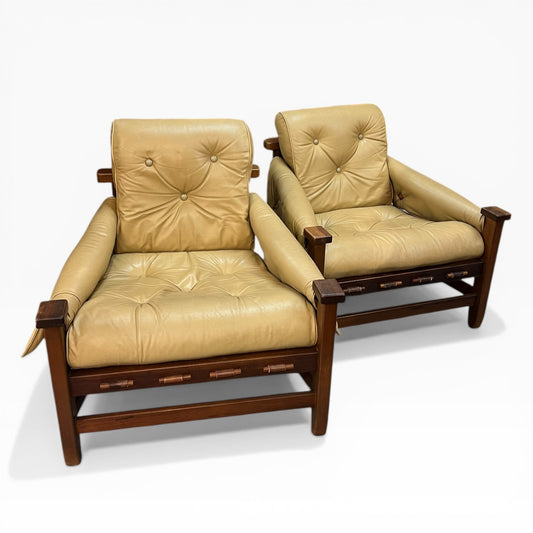 Pair of Fentoro Mid-Century Armchairs with Strap Suspension & Deerhide Upholstery