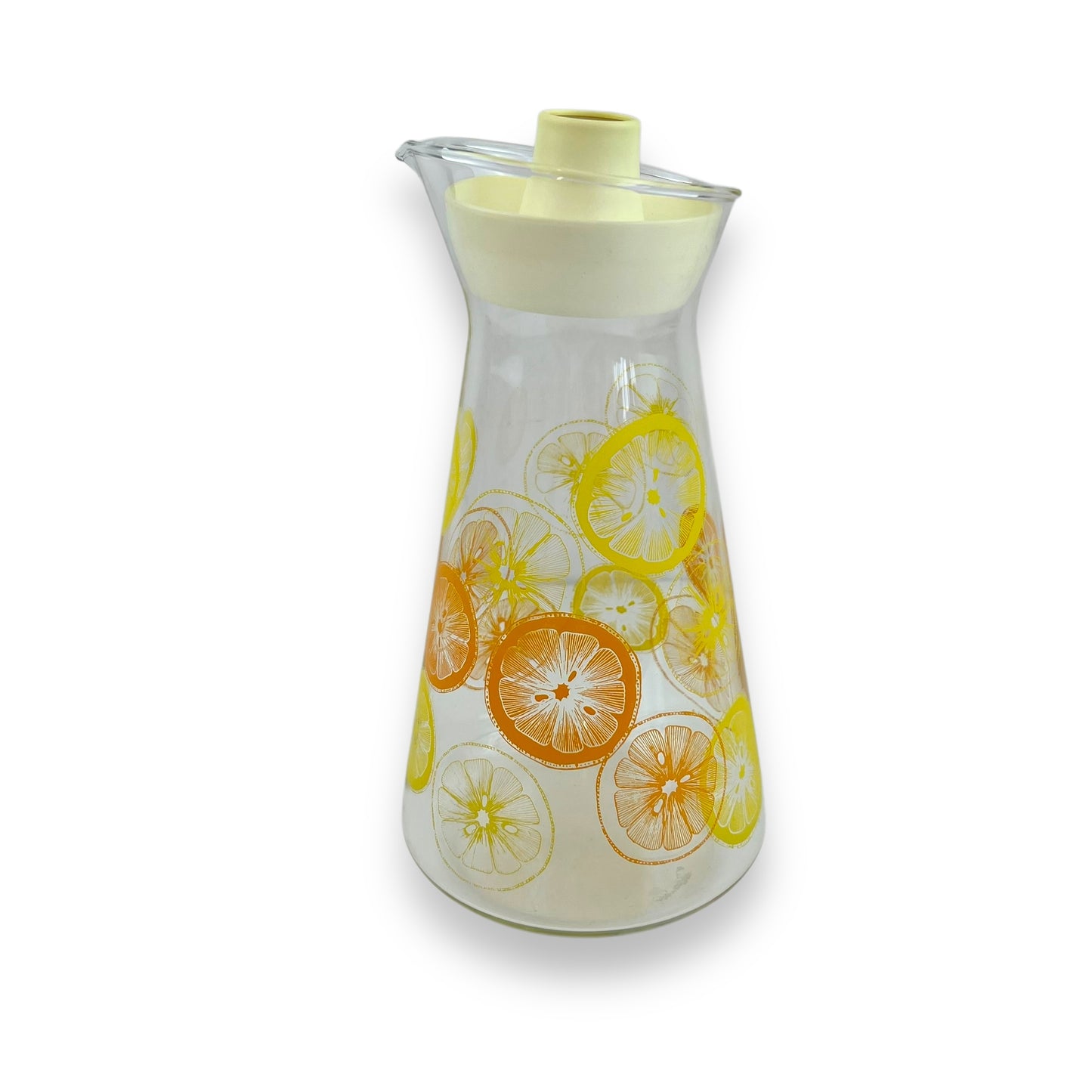Pyrex Glass Carafe – USA Made, Citrus Slice Print, Mid-Century Pitcher with Lid