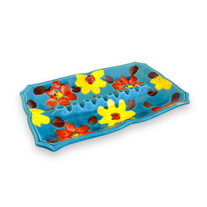 Hand-Painted Ceramic Butter Dish – Floral Motif in Blue, Yellow & Red