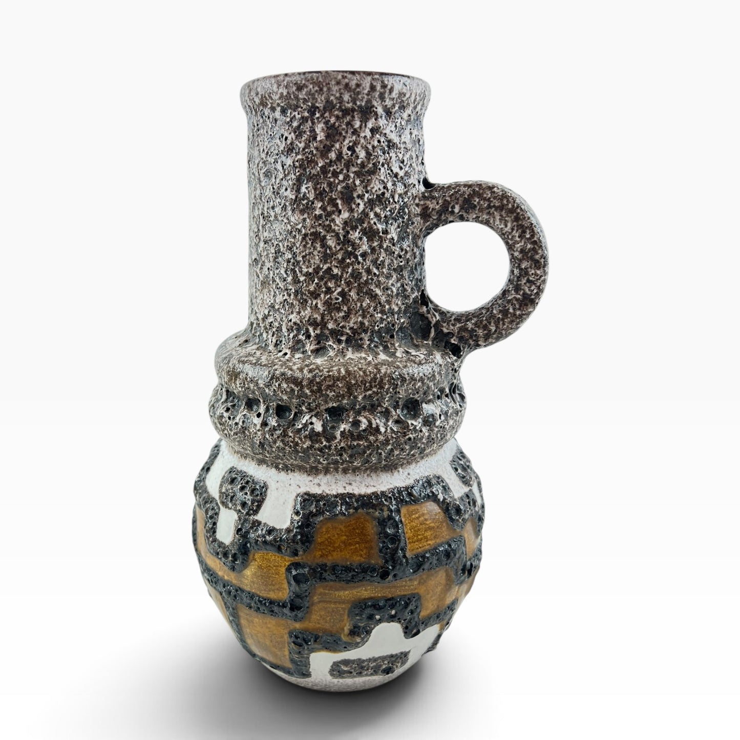 West German Pottery Lava Glaze Handled Vase – Brown, White & Ochre