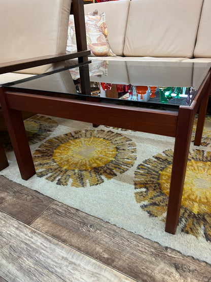 Mid-Century Modern Square Smoked Glass Coffee Table with Rich Reddish-Brown Timber Frame