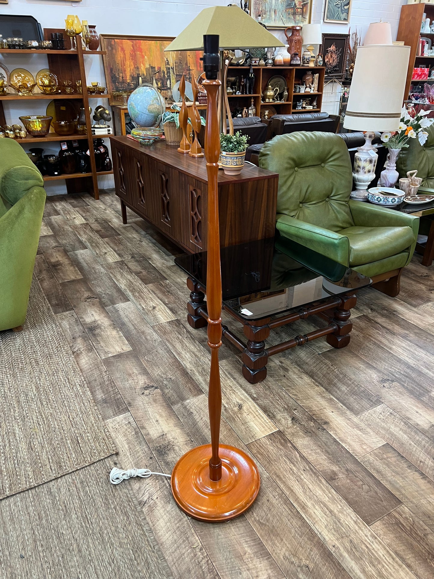 turned timber floor lamp