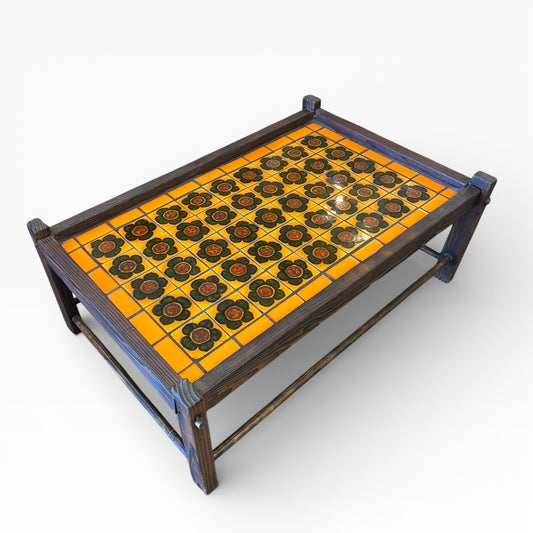 Retro Tile-Top Coffee Table – Orange & Brown Floral Ceramic Tiles