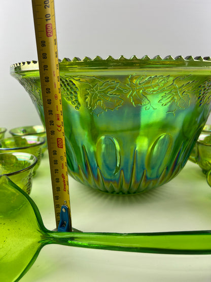 Green Carnival Glass Punch Bowl Set – 12 Cups, Ladle & Hooks