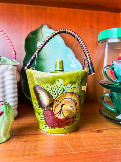 Japanese Ceramic Jam / Honey Pot with Lid & Wicker Handle – Fruit Design