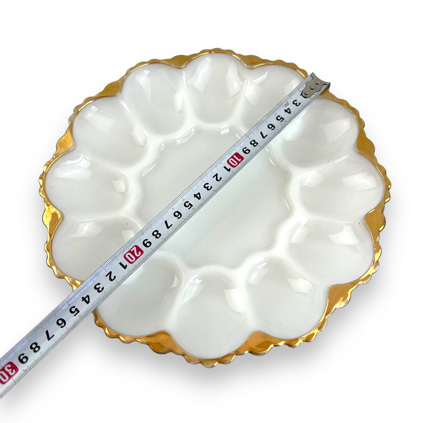 Anchor Hocking Milk Glass Devilled Egg Plate with Gold Rim
