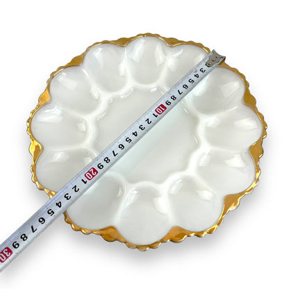 Anchor Hocking Milk Glass Devilled Egg Plate with Gold Rim