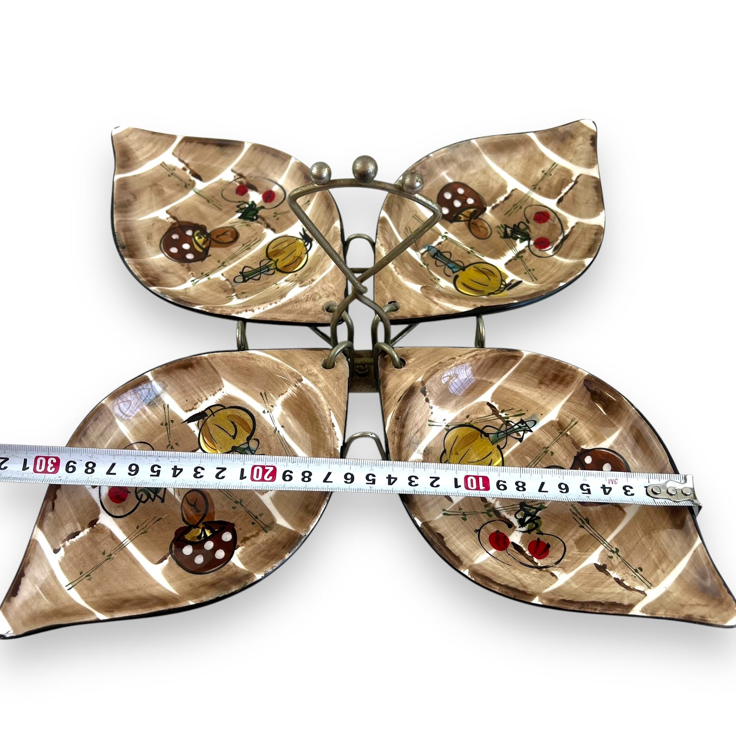 Leaf shape Serving dish Set – Hand-Painted mushroom pattern & Metal carry Stand