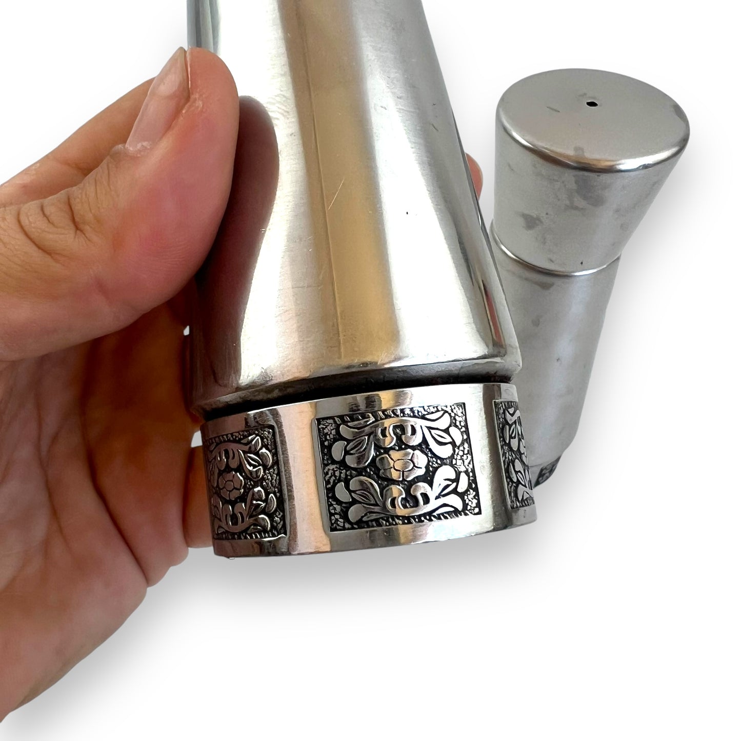 Stainless Steel Salt and Pepper Shakers with Ornate Floral Trim by Wiltshire