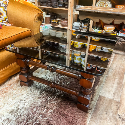 Solid Timber & Smoked Glass Coffee Table – Chunky Sculptural Base