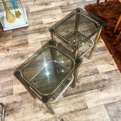 Pair of Vintage Brass & Smoked Glass Side Tables