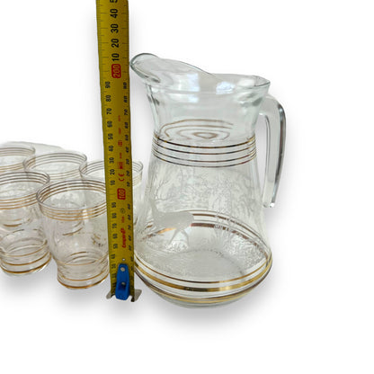 Glass Jug & 6 Cups with gold bands and etched deer/elk pattern