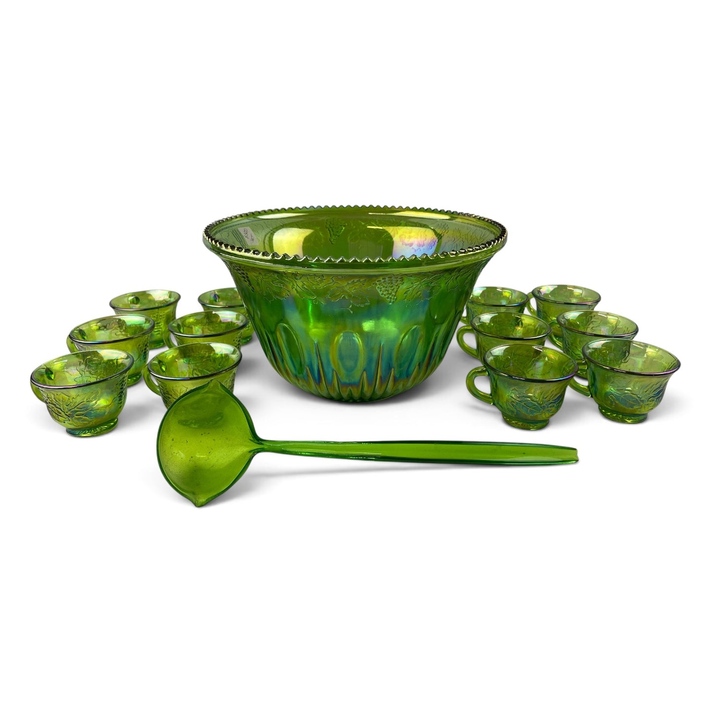 Green Carnival Glass Punch Bowl Set – 12 Cups, Ladle & Hooks