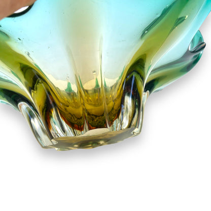 Green and amber yellow large Art Glass bowl