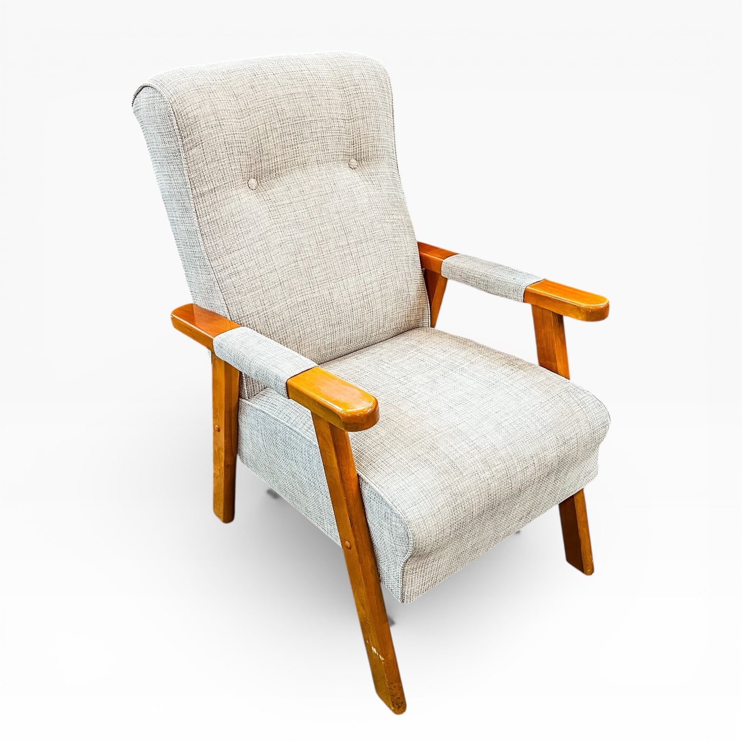 Mid-Century Armchair – Timber Frame with light grey and white woven Upholstery