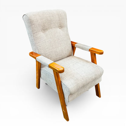 Mid-Century Armchair – Timber Frame with light grey and white woven Upholstery