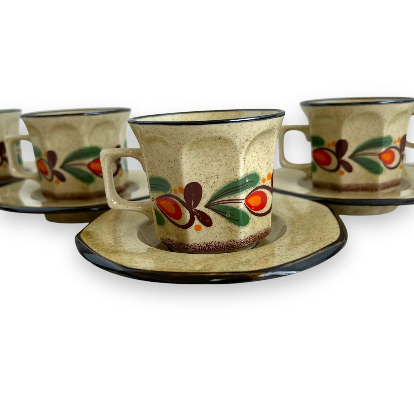 Italian Pottery Tea Set - 5 Cups and Saucers with Hand-Painted Fruit Design