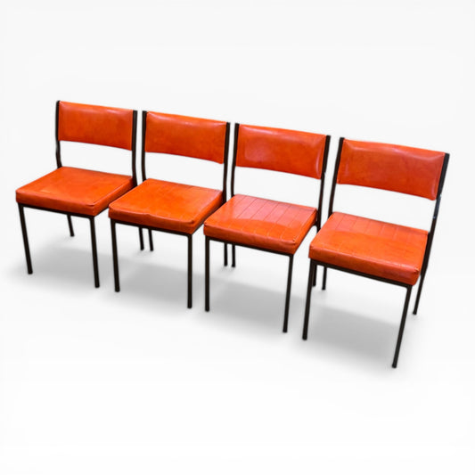 Set of 4 Mid Century Bright Orange Vinyl Dining Chairs with Dark Brown Steel Frames
