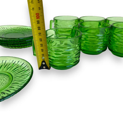 Green glass teacups x6 and 5 matching source plates - made in France