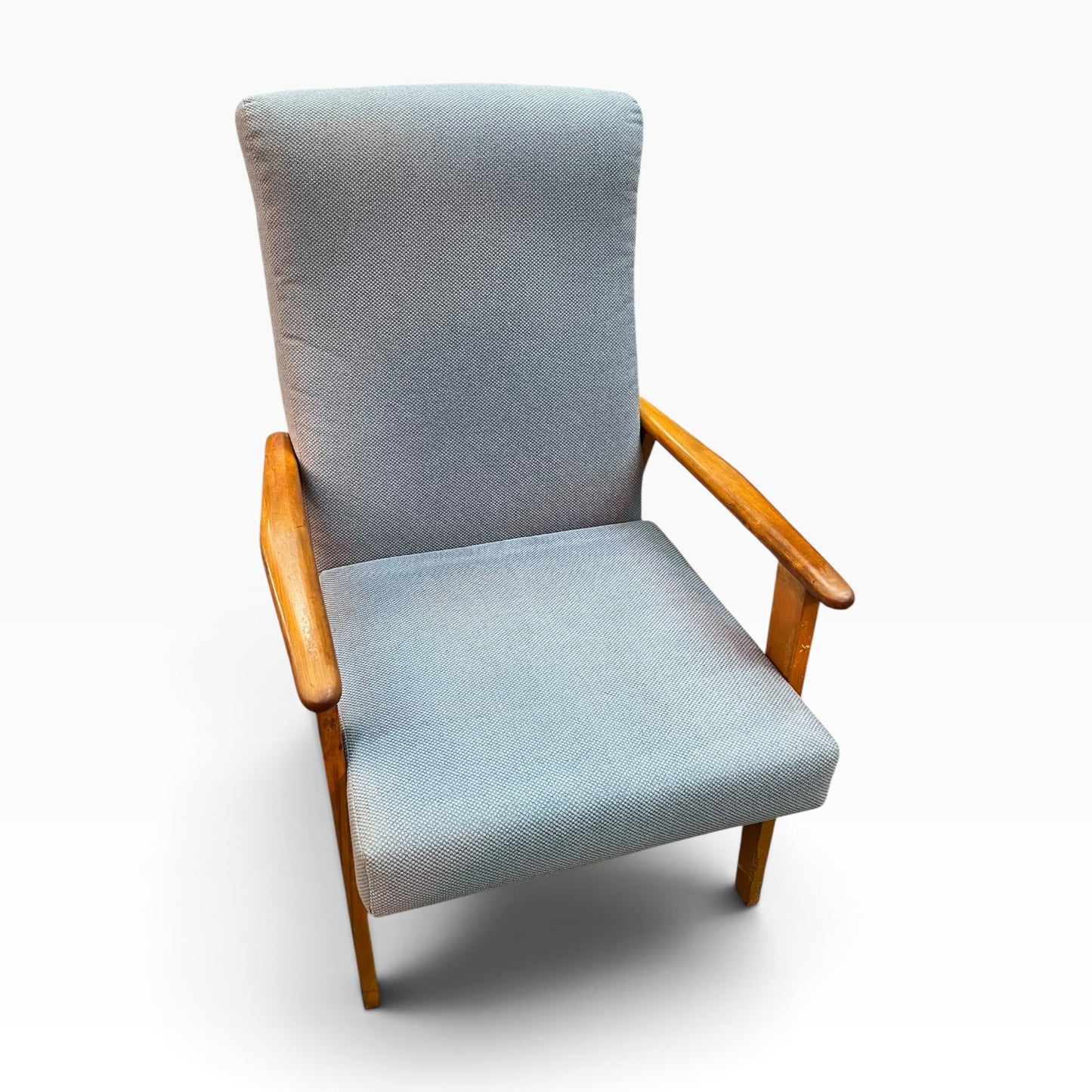 #1 Mid-Century Push-Back Reclining Armchair with Blue Upholstery