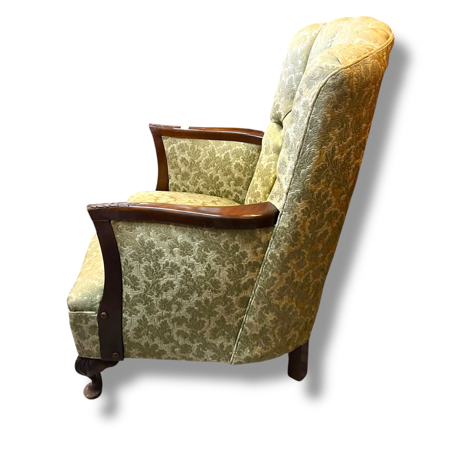 Antique Tufted Armchair – Ornate Timber Frame