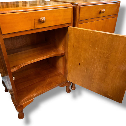 Pair of Vintage Timber Bedside Cabinets with Drawer & Cupboard