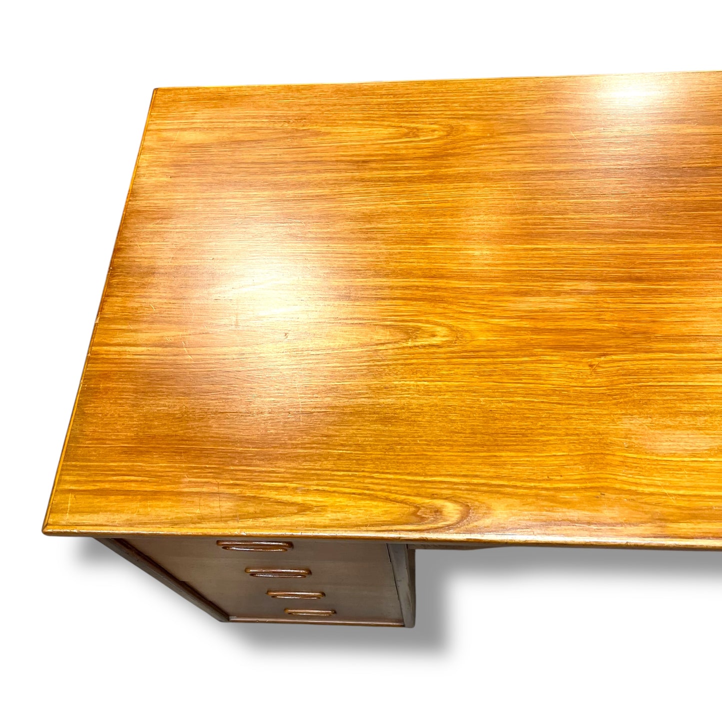 Mid-Century 8-Drawer Wooden Office Desk with Sculpted Handles