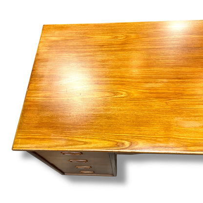 Mid-Century 8-Drawer Wooden Office Desk with Sculpted Handles