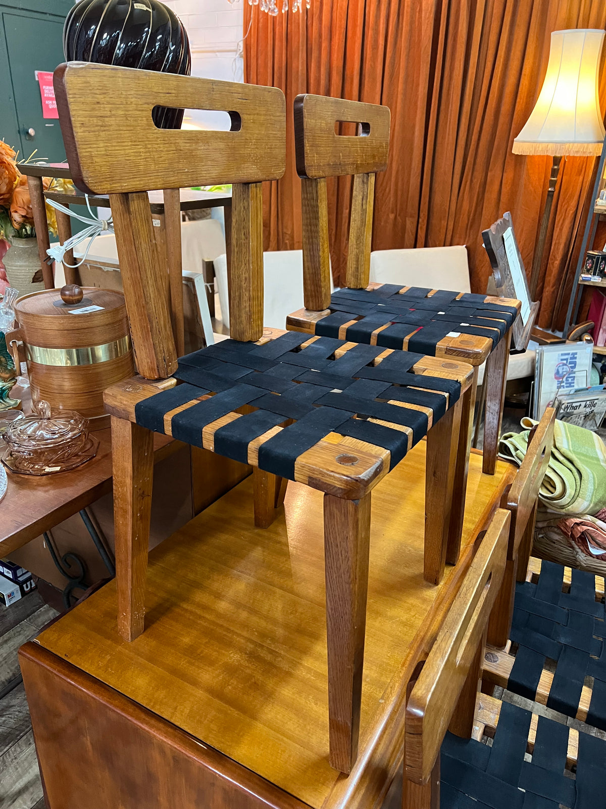 Set of 4 Vintage Timber Dining Chairs with Black Woven Strap Seats