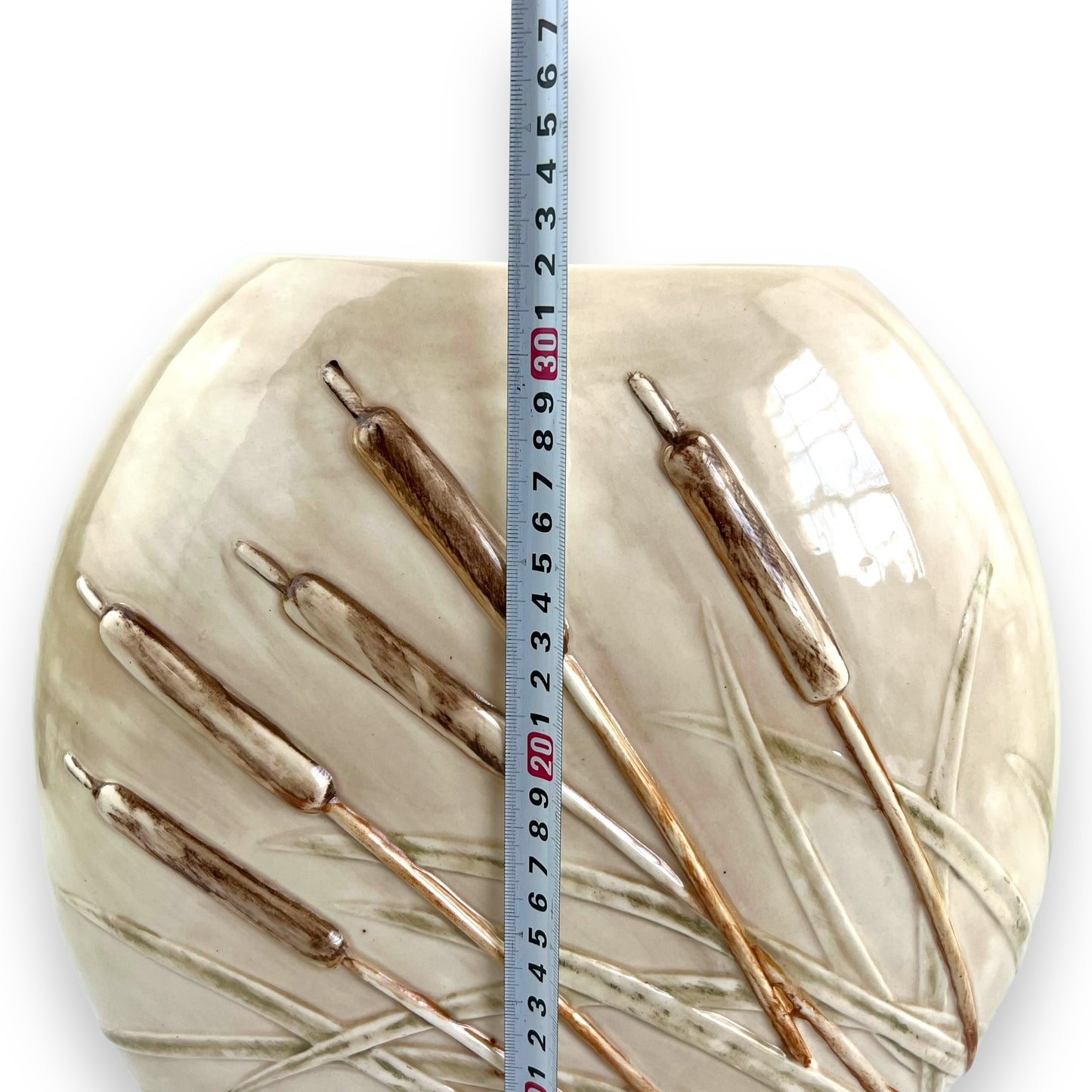 Large round beige vase with Cattail Grass Design artwork