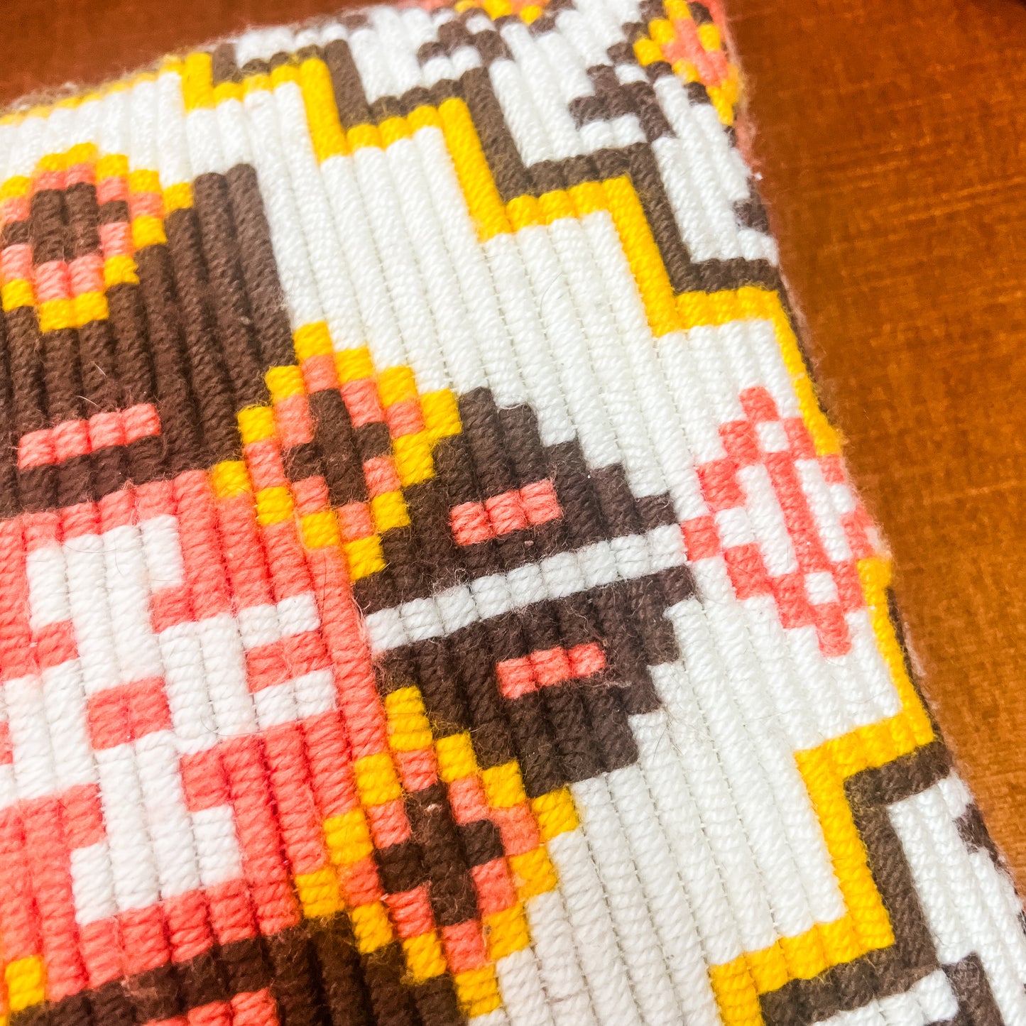 Handwoven Wool Cushion – Geometric Pattern (Cream / Brown / Peach / Yellow)