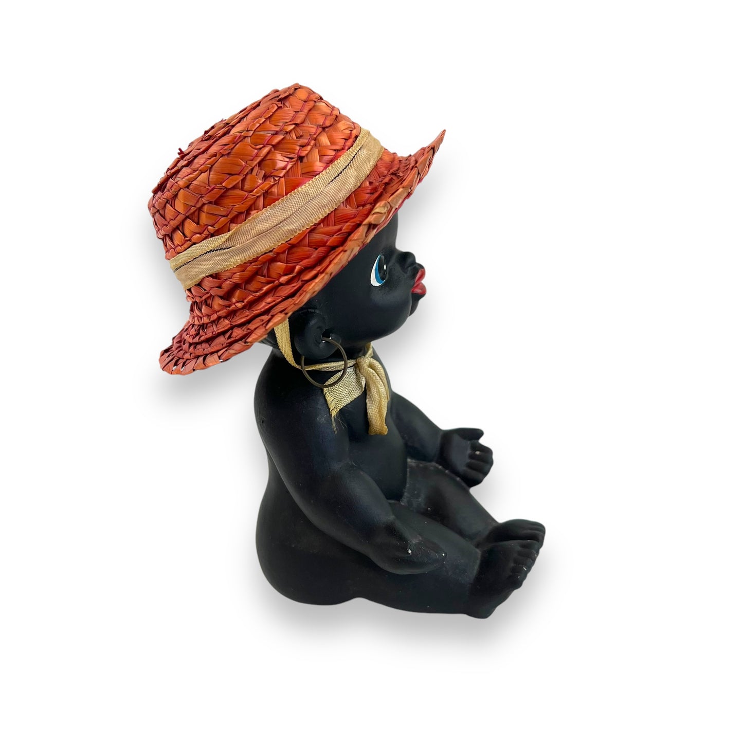 Black Ceramic Kewpie Doll with Straw Hat & Earrings - Made in Japan