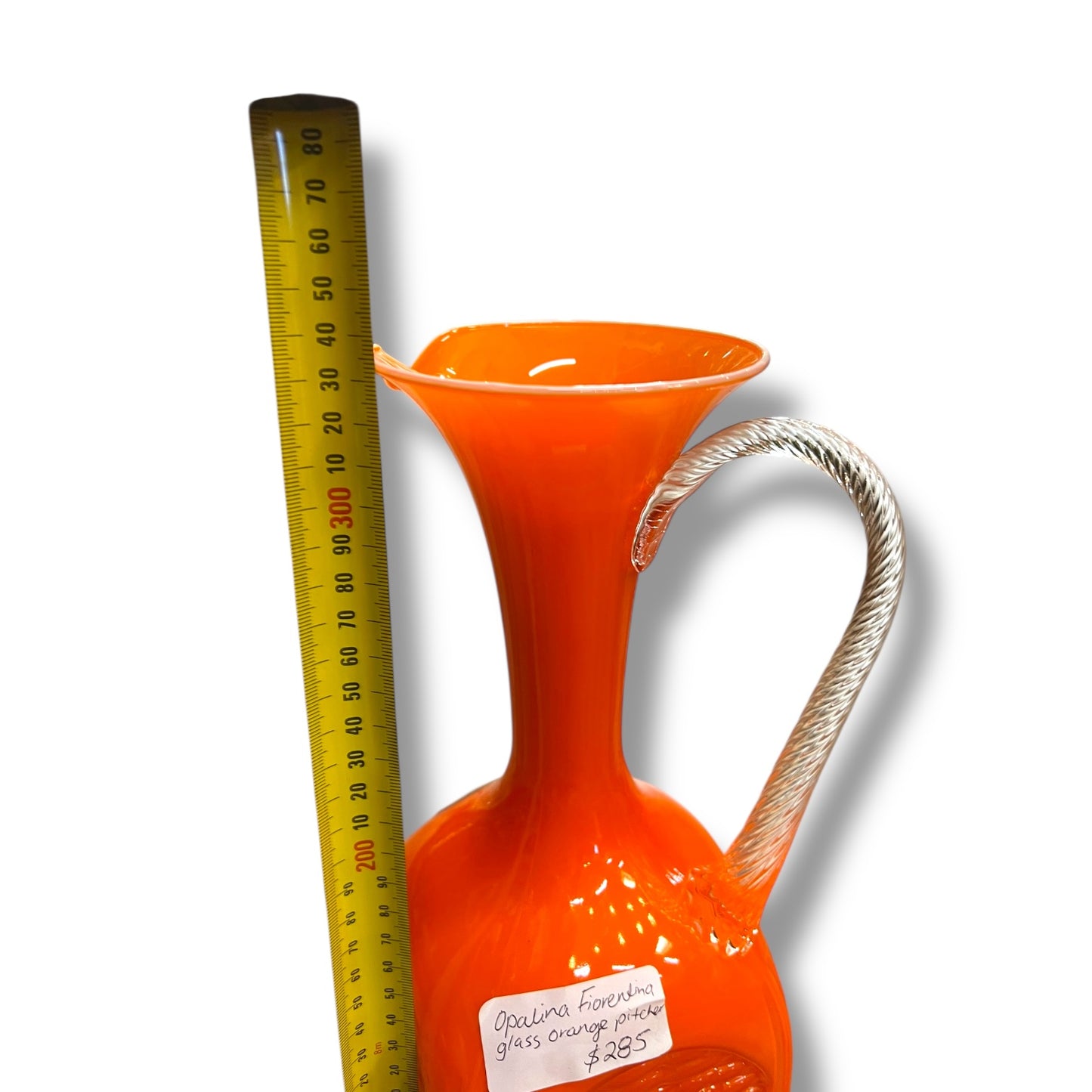 Empoli Italian Art Glass Ewer — Palina Fiorentina Orange with Twisted Clear Handle