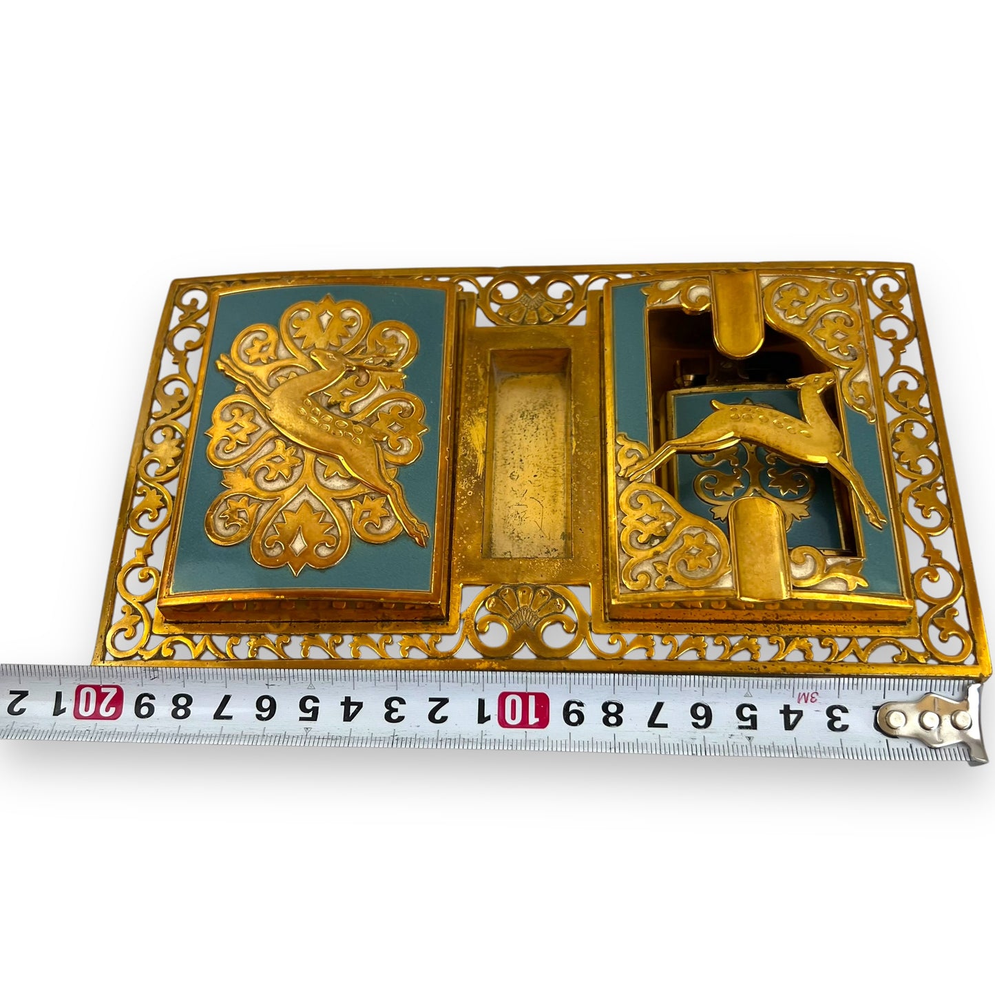 Brass Ornate Cigarette Holder, Lighter, and Ashtray with Leaping Deer Design – Elegant Mid-Century Smoking Set